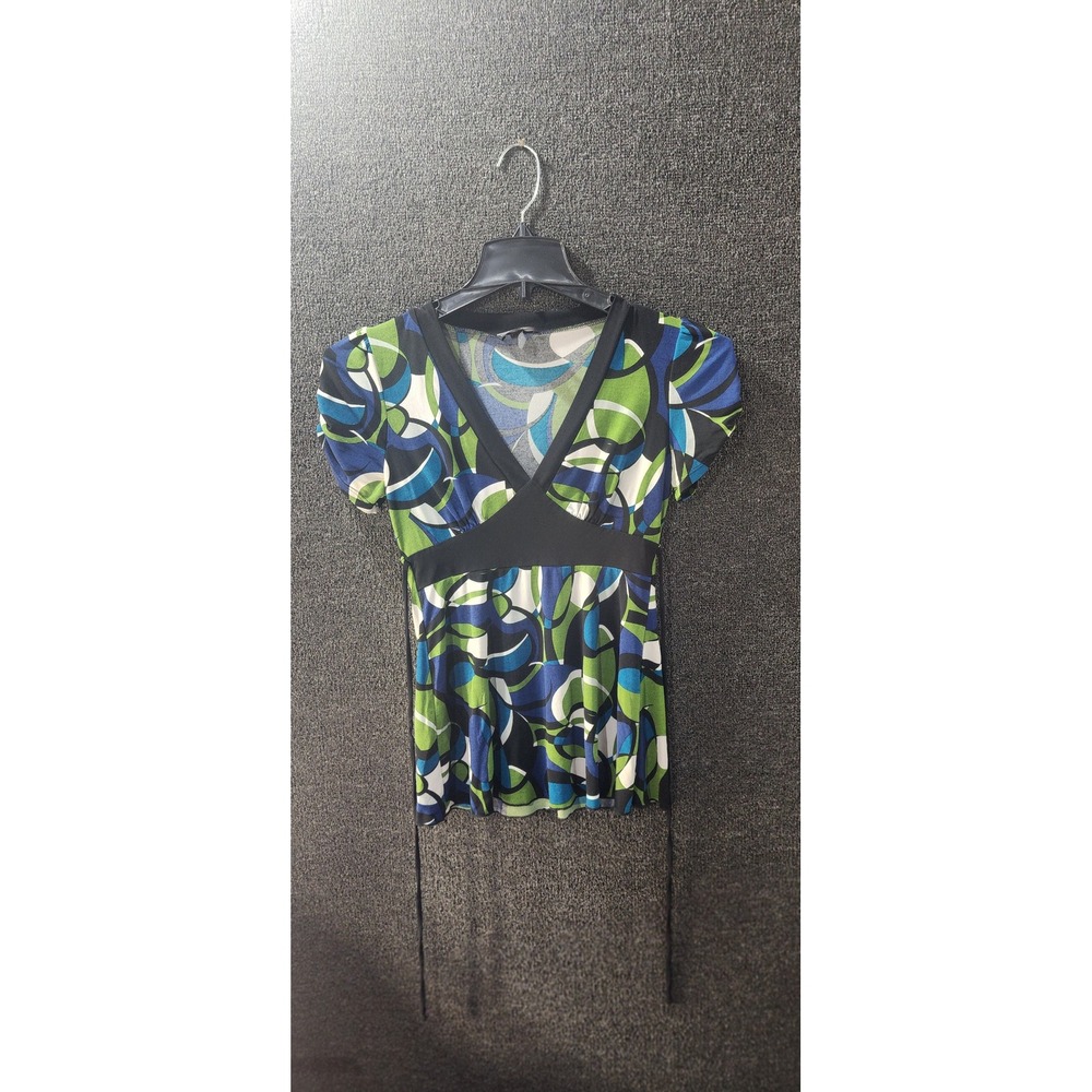 Byer California IZ Womens Small Blue Green Abstract Print V-Neck Empire Top